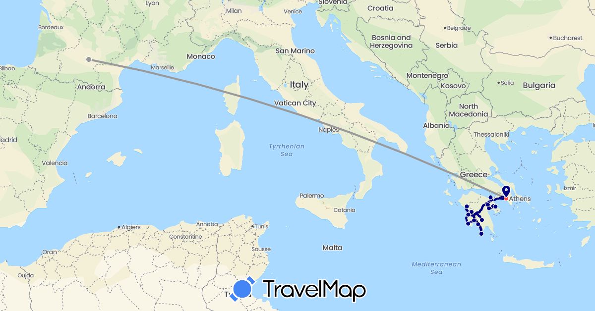 TravelMap itinerary: driving, plane, hiking in France, Greece (Europe)