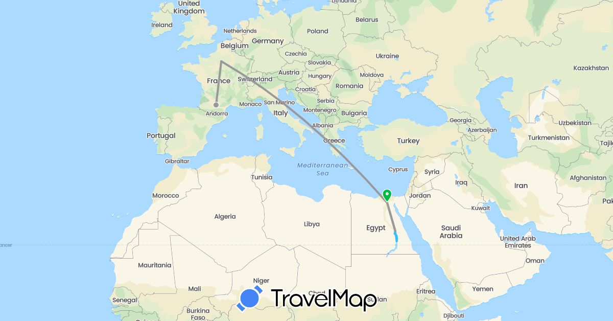 TravelMap itinerary: driving, bus, plane, boat in Egypt, France (Africa, Europe)