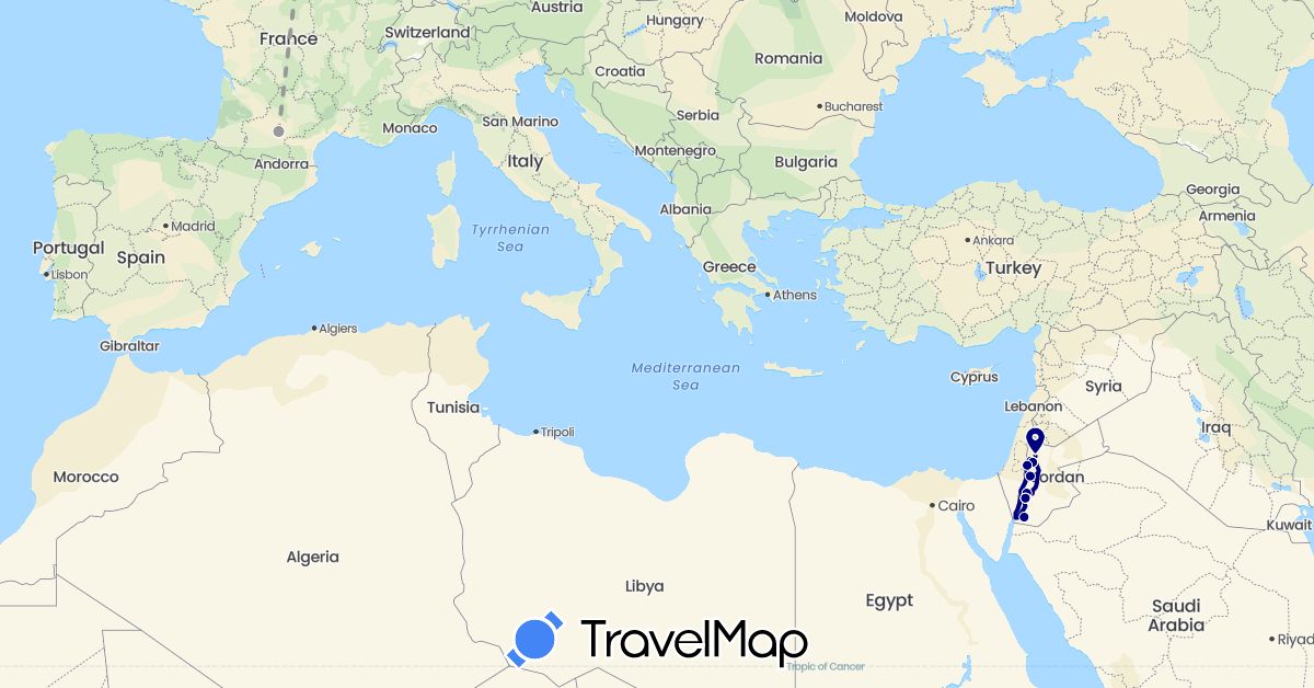 TravelMap itinerary: driving, plane in France, Jordan (Asia, Europe)