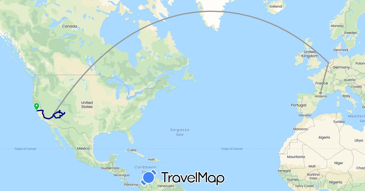 TravelMap itinerary: driving, bus, plane, hiking in France, Netherlands, United States (Europe, North America)
