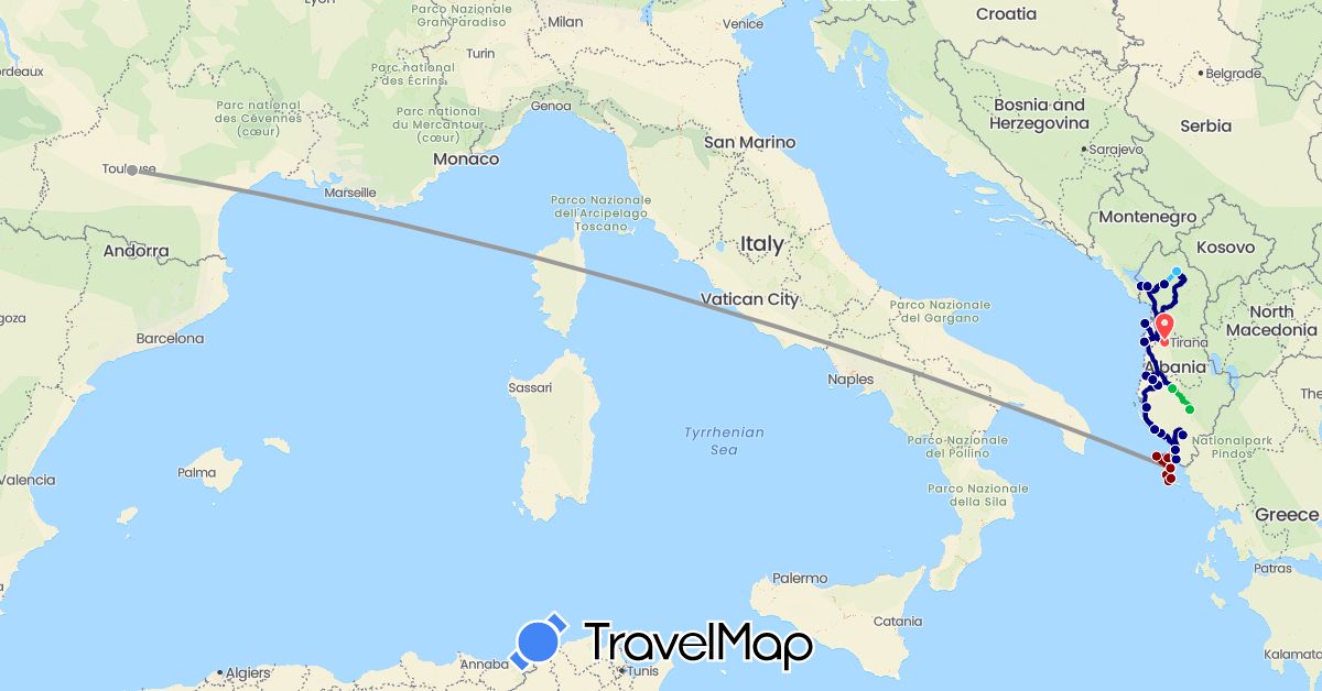TravelMap itinerary: driving, bus, plane, hiking, boat, motos in Albania, France, Greece (Europe)