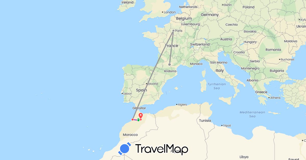 TravelMap itinerary: driving, bus, plane, train, hiking in France, Morocco (Africa, Europe)