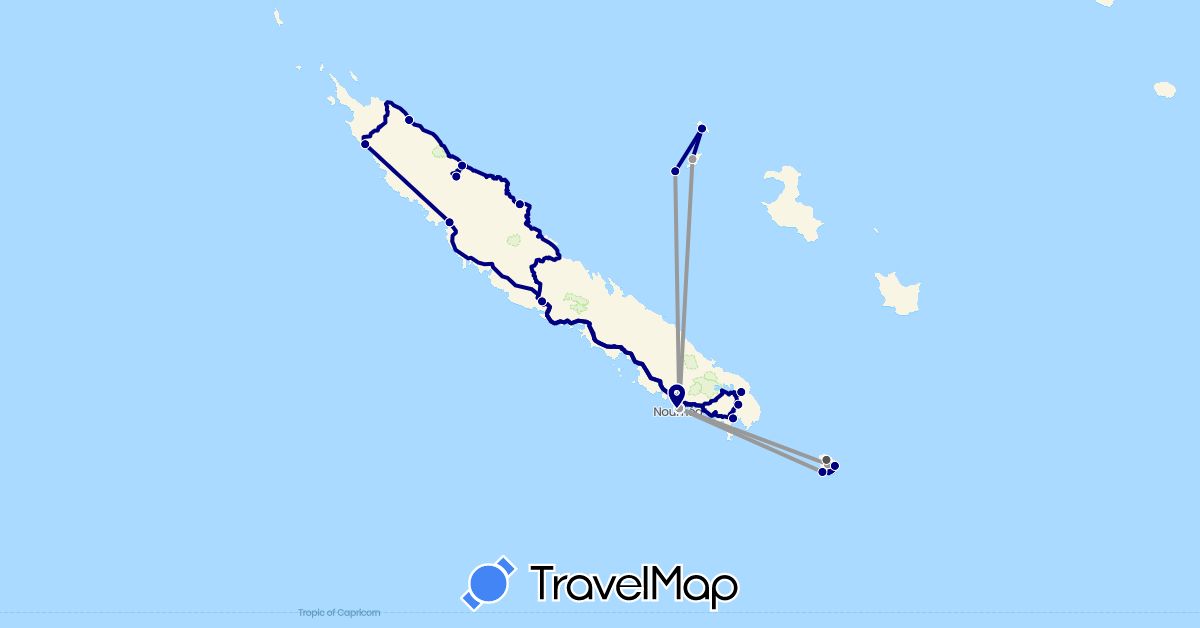 TravelMap itinerary: driving, plane, motorbike in New Caledonia (Oceania)