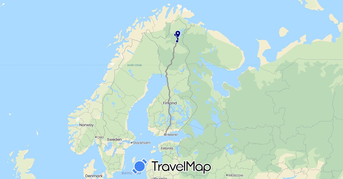 TravelMap itinerary: driving, plane, hiking in Finland (Europe)