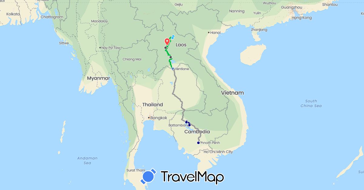 TravelMap itinerary: driving, bus, plane, cycling, hiking, boat, motorbike in Cambodia, Laos (Asia)